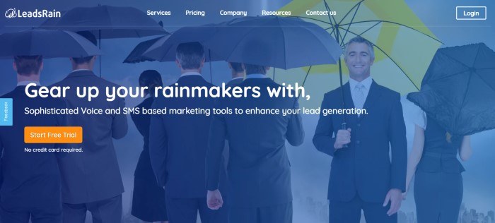 This screenshot of the home page for LeadsRain shows a blue filtered photo of a group of businessmen, with most of them holding dark umbrellas while they walk away from the camera, while one man faced the camera, smiling and holding a bright yellow umbrella, along with white text announcing the ability to gear up employees with LeadsRain.