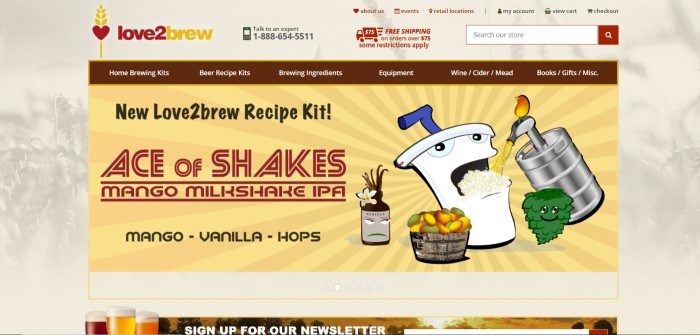 This screenshot of the home page for Love2Brew has a beige background and a yellow midsection with graphics of a home brewing system, near an announcement for a new recipe kit for Mango Milkshake IPA.