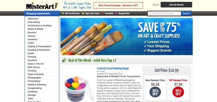 This screenshot of the home page for MisterArt includes an announcement on a blue background with several paintbrushes and white text for a 75% discount on art and craft supplies, along with black text on white background on the rest of the page showing what categories customers can shop in and announcing a pack of modeling clay as the deal of the week. 