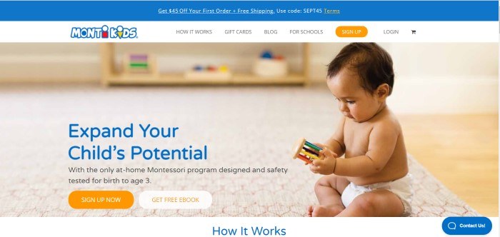 This screenshot of the home page for Monti Kids has a blue header announcing a discount for first orders above a white navigation bar and a photo of a baby playing with a toy based on the Montessori style of learning, along with text in black and blue announcing Monti Kids as a provider of Montessori style toys that are appropriate for up to age 3.