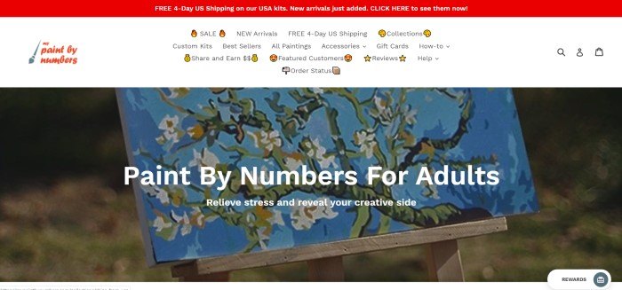 This screenshot of the home page for My Paint By Numbers has a red header introducing free shipping on USA kits, a white navigation bar, and a large photo of a finished paint-by-number project, along with white text announcing paint by number kits for adults.