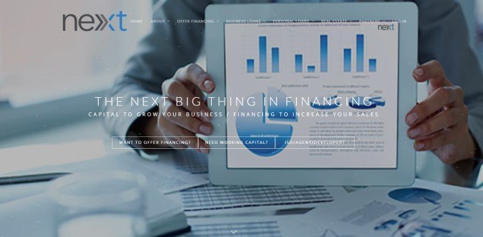 This screenshot of the home page for Next Financing has a light blue filtered photo of a man's hands holding a tablet that shows some sales charts and white text announcing capital to grow businesses and increase sales.