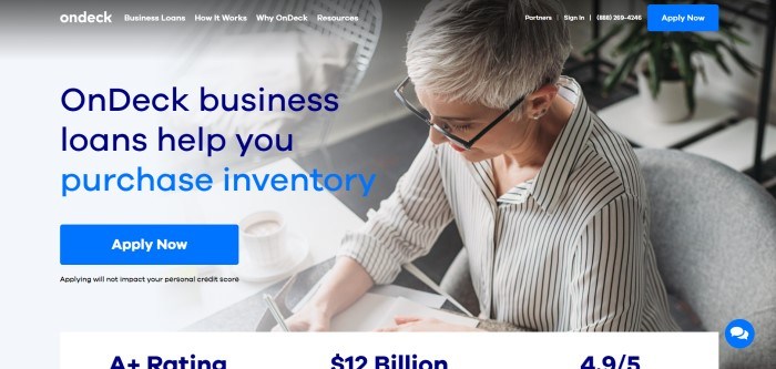 This screenshot of the home page for OnDeck includes a photo of a short-haired woman working at a desk with a notebook and pen and a cup of coffee, behind blue lettering announcing OnDeck loans as a way to purchase inventory and a blue call-to-action button for applying.