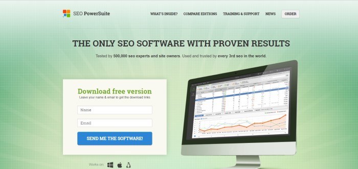 This screenshot of the home page for SEOPowerSuite has a green background with white gridlines, a photo of a monitor showing SEO metrics, an opt-in box inviting customers to download a free version, and text in black lettering introducing SEOPowerSuite as the only software with proven results.