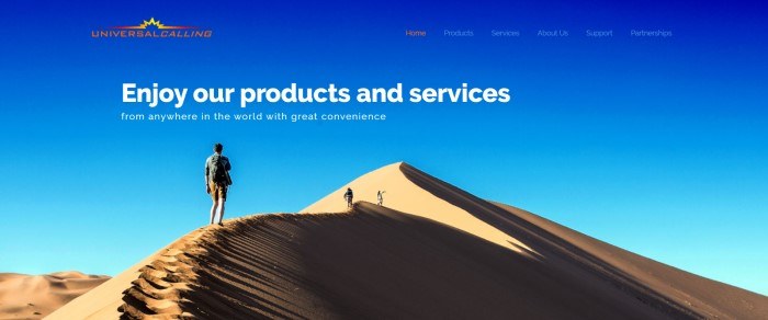 This screenshot of the home page for Universal Calling has a blue background with white text that reads "Enjoy our products and services from anywhere in the world with great convenience," above a photo of three people walking along the ridge of a large sand dune.