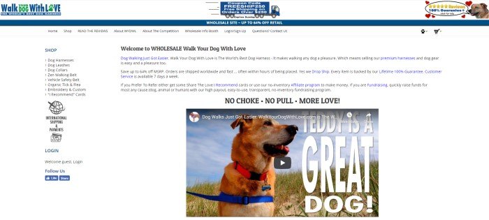 This screenshot of the home page of Walk Your Dog With Love has a white navigation bar above a white background with black and blue text and a video clip showing a golden dog with a red collar and blue harness and leash set, with white text that reads "Teddy is a great dog."