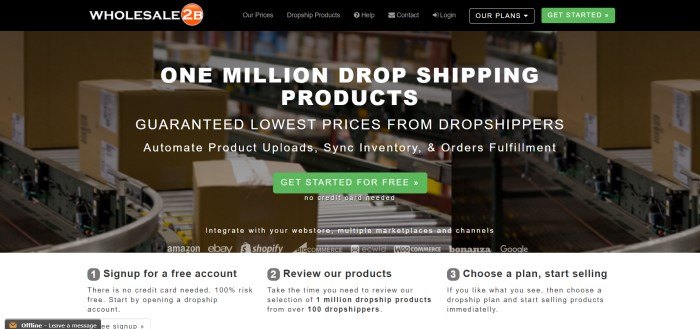 This screenshot of the home page for Wholesale 2B includes a black navigation bar with a dark filtered photo of the inside of a warehouse, along with white text reading "one million drop-shipping products" and two green call-to-action buttons.