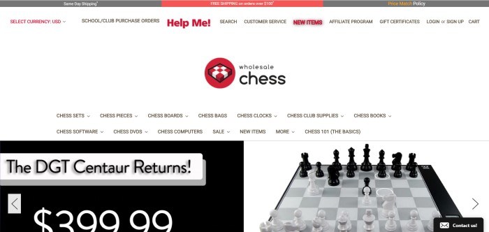  This screenshot of the home page for Wholesale Chess has a white background with gray and red text and design elements, including a black and white photo of an elegant chess set along with a black text box and white lettering announcing its return and a price tag of 9.