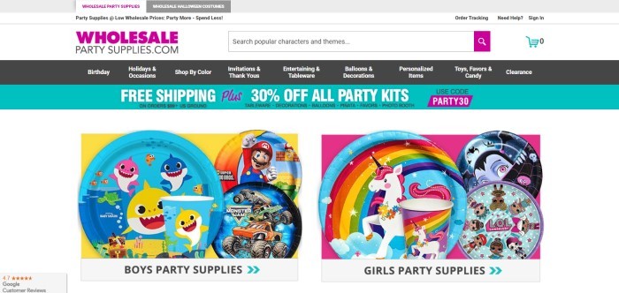 This screenshot of the home page for Wholesale Party Supplies has a black navigation bar, an aqua-colored banner announcing a 30% off sale, and two photos: one for boy party supplies, and one for girl party supplies, including themed plates.