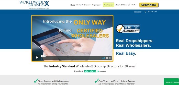 This screenshot of the home page for Worldwide Brands shows a white navigation bar above a blue, white, and gold main section introducing Worldwide Brands as the only way to find certified wholesalers, including a photo of someone's hands searching online on a tablet.