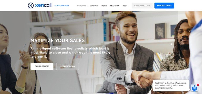 This screenshot of the home page for XenCALL has a white navigation bar above a photo of a group of business people smiling and shaking hands, behind white text announcing the ability to maximize sales by using XenCALL software.