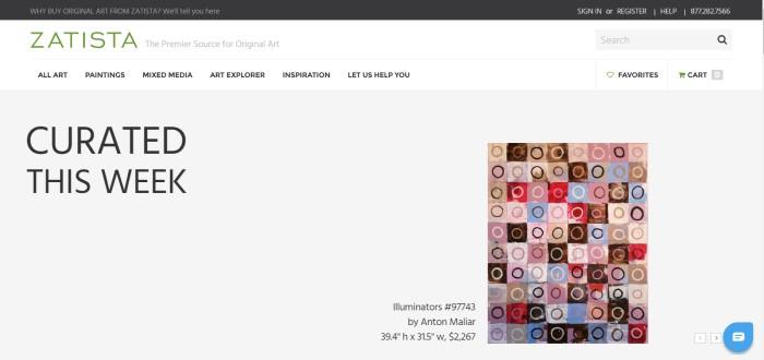 This screenshot of the home page for Zatista has a white background with a gray middle section featuring artwork that was curated recently, including a piece made of squares and circles in tans, browns, reds, pinks, and blues, entitled 'Illuminators,' by Anton Maliar.