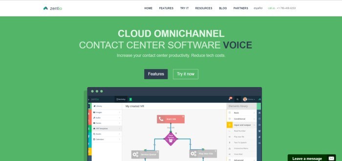  This screenshot of the home page for Zent.io has a white navigation bar above a plain green background with white text announcing omnichannel contact center software and an image of a laptop screen with telemarketing information on it.