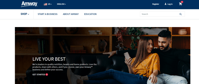 Amway Website Screenshot showing a young couple on a couch