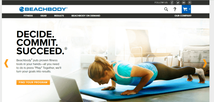 Beachbody Website Screenshot showing a young woman doing pushups in front of her laptop