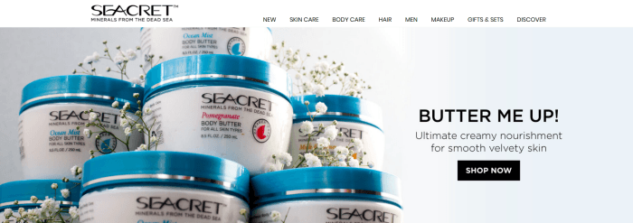 A website screenshot from Seacret showing various skin care containers.