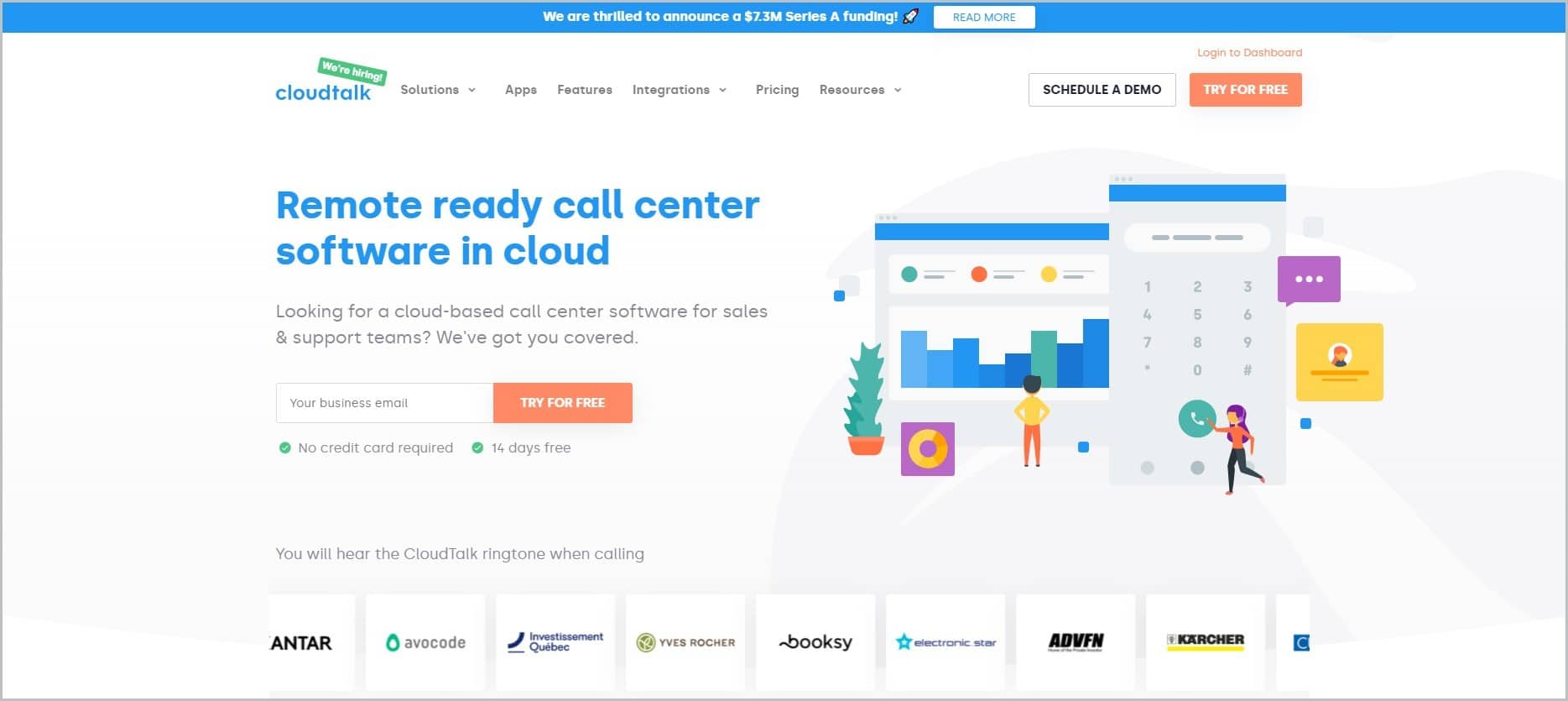 screenshot of CloudTalk homepage with blue announcement bar and white header with the website's name and main navigation menu