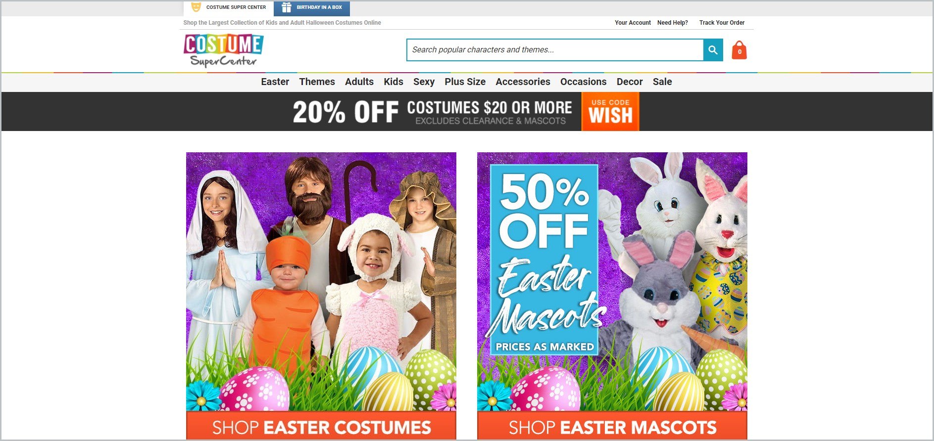 screenshot of Costume and Party SuperCenter homepage, with white header with the website's name and search bar, underneath it is a white navigation bar, it also showcases pictures of some of their costumes