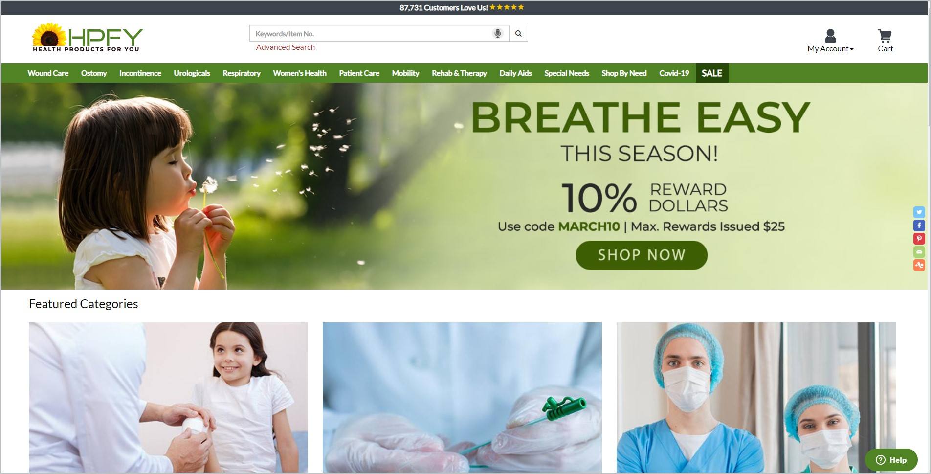 screenshot of Health Products For You homepage with black announcement bar, white header with the website's name and search bar, showcasing images of some of their products