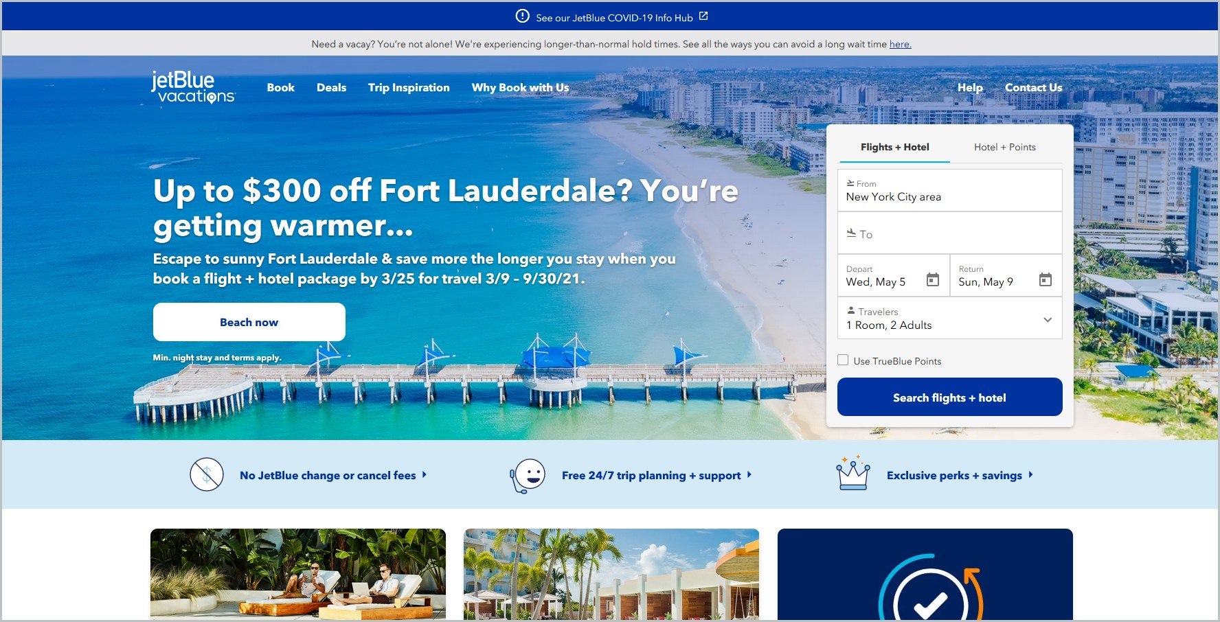 screenshot of JetBlue Vacations homepage, with royal blue announcement bar, background of a scenery showcasing the ocean with the website's name and main navigation menu, it also shows a 'search flights + hotel' form