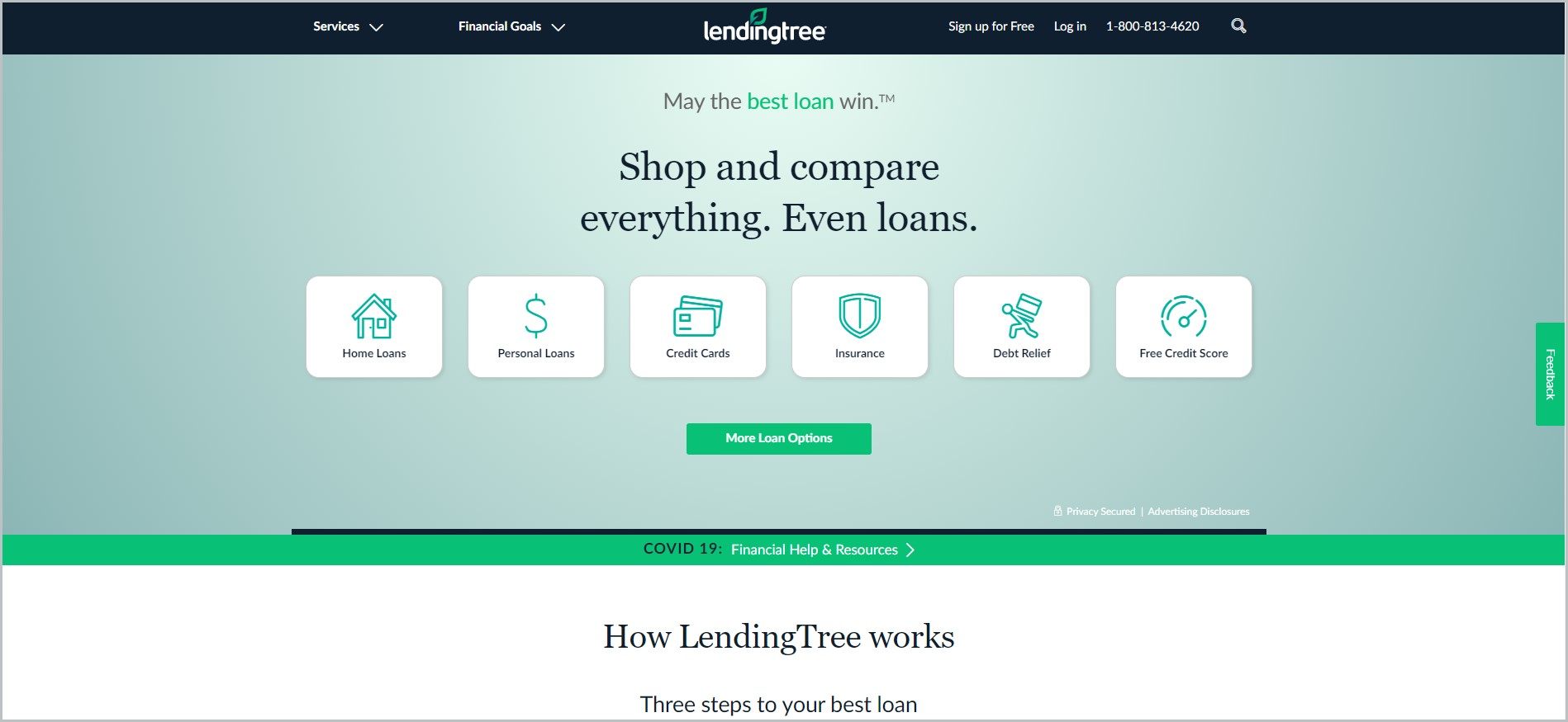 screenshot of LendingTree homepage with black header bearing the website's name and main navigation menu, it also showcases the services being offered and a green call to action button