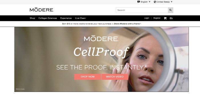 An image from the modere website, showing a young woman putting cream on in the mirror