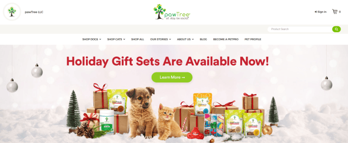 Pawtree Website screenshot showing a puppy and a kitten surrounded by gifts