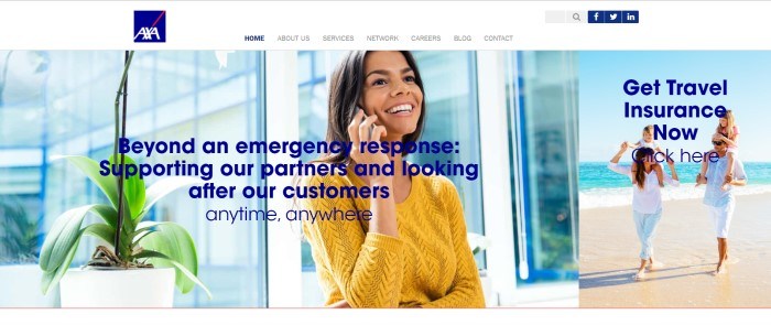 This screenshot of the home page for AXA Assistance USA has a white header above a photo of a smiling dark-haired woman talking on a mobile phone, behind blue text announcing travel insurance that goes beyond emergency response.