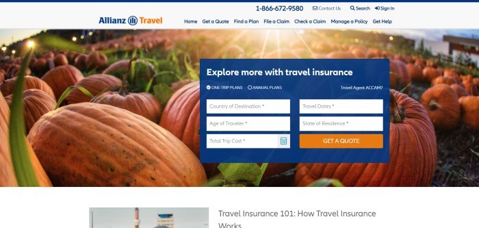 This screenshot of the home page for Allianz Global assistance has a light gray background with blue and orange elements in the logo, above a photo of a field of pumpkins with a dark blue option box where customers can begin their search for travel insurance.