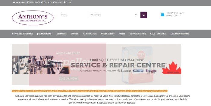 This screenshot of the home page for Anthony's Espresso has a white background, a gray navigation bar, and a pink, red, and gray advertisement for an espresso machine service and repair centre, above black text telling more about the company.