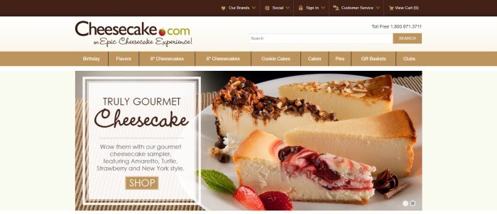 This screenshot of the home page for Cheesecake.com has a beige background, a tan navigation bar with white text, and a large photo of several slices of different types of cheesecake, next to an advertisement box in white with black text inviting shoppers to try the gourmet cheesecake sampler. 