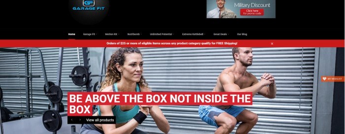  This screenshot of the home page for Garage Fit includes a black navigation bar above a photo of a man and a woman doing squats in a room with weights and weight racks, behind text that reads "Be above the box, not inside the box."