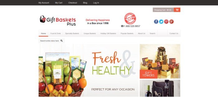 This screenshot of the home page for Gift Baskets Plus has a white background with red and black text in the header and navigation bar, above a photo of a large fruit basket next to the words "Fresh and Healthy" in orange and green lettering and two smaller photos of gift towers in golden boxes and a gift that appears to be a manicure set.