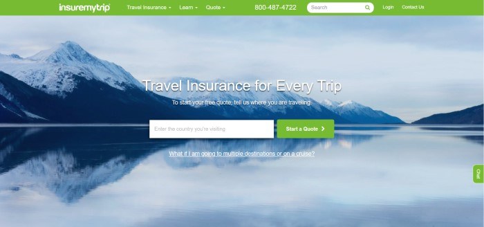 This screenshot of the home page for Insure My Trip has a green navigation bar above a blue photo of a lake next to snowy mountains and an opt-in box for customers to enter the country they plan to visit, along with a green "Start a quote" call-to-action button.