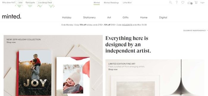 This screenshot of the home page for Minted shows white background with a two beige-background photos showing examples of Minted stationery, next to words in black text that read "Everything here is designed by an independent artist."