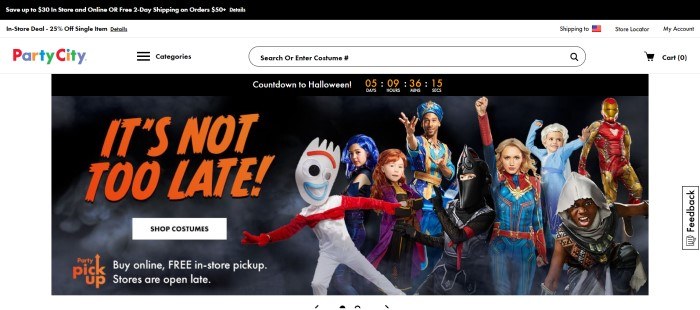 This screenshot of the home page of Party City shows a diverse group of people in Halloween costumes, including one for Captain Marvel and a genie, next to the words 