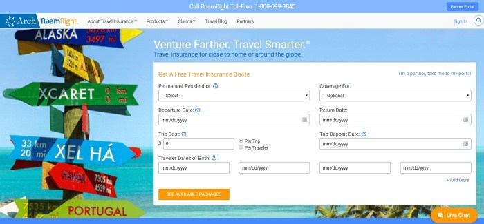 This screenshot of the home page for Roam Right has a large photo of a blue sky above a large lake, next to a brightly painted sign post with several destinations on it, and a white box where customers can start their search for travel insurance quotes.