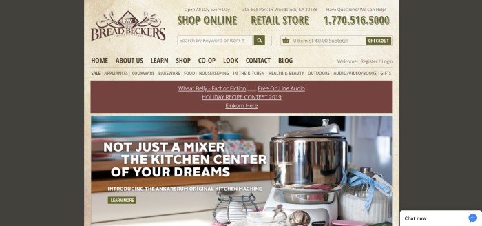 This screenshot of the home page of The Bread Beckers has a black background with a mottled tan middle section containing all the words, the navigation bar, and a photo of a stainless steel kitchen mixer, along with an advertisement for it.