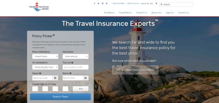 This screenshot of the home page for Travel Insurance Center has a white header with a blue and red logo above a dark-filtered photo of a lighthouse on a rocky coast and a gray text box where customers can begin to search for travel insurance options.