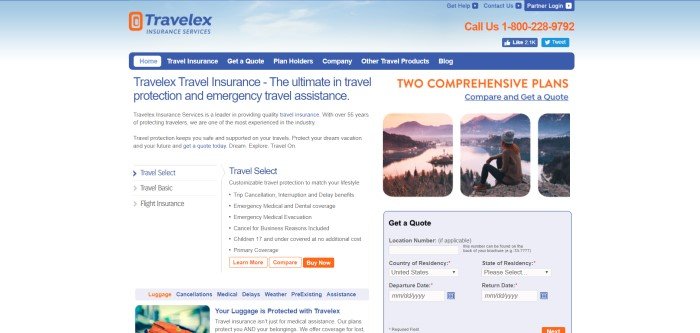 This screenshot of the home page for Travelex Insurance Services has a background that looks like a pale blue sky with white clouds, along with a section of white background with text in blue and black, a blue navigation bar, and a set of three photos showing someone in a beanie cap looking out over a beautiful lake and city from a rocky perch higher above them.