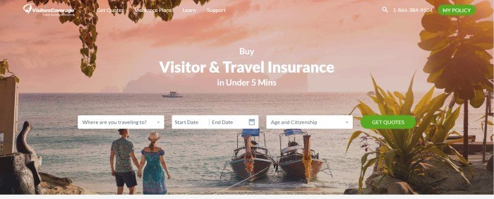 This screenshot of the home page for Visitors Coverage has a photo of a pink sky above an ocean, with people along the beach looking out to sea, watching a fishing boat, behind white text introducing visitor and travel insurance and white search windows with a green "Get quotes" call-to-action button.