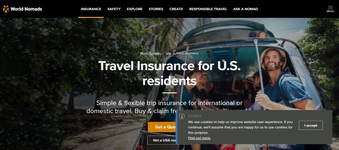 This screenshot of the home page for World Nomads has a black navigation bar with white words and a dark-filtered photo of a smiling group of people on a vehicle with a section open to the street, behind white wording that reads "Travel insurance for U.S. residents."