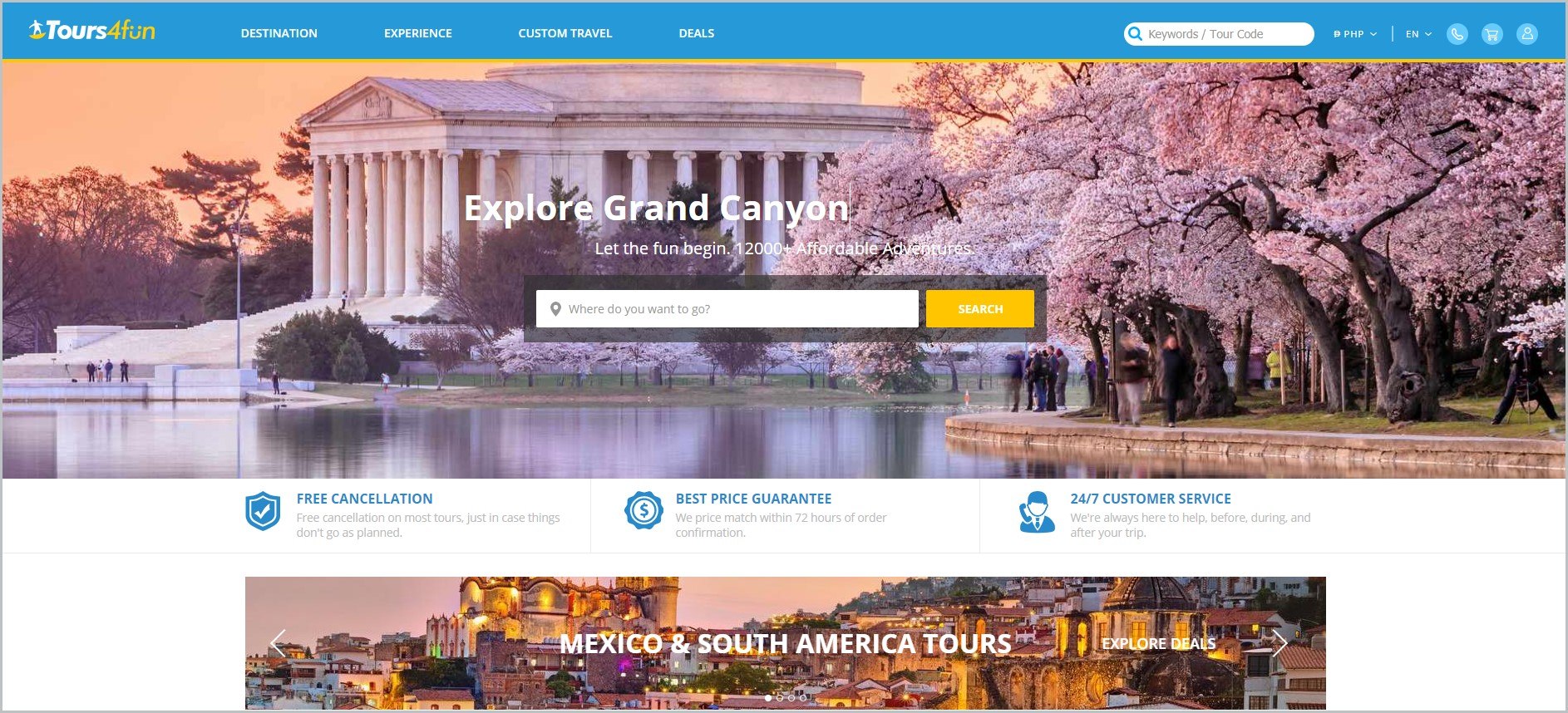 screenshot of Tours4Fun homepage, with blue header bearing the website' name and main navigation menu, showcasing a scenery with a call to action button at the center