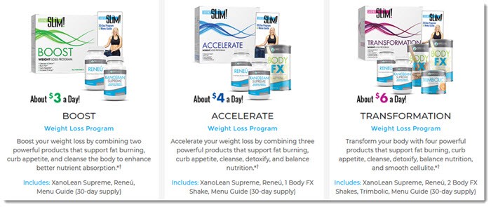 Three weight loss packs and descriptions