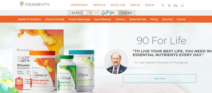 Youngevity Website Screenshot showing the 90 for life concept