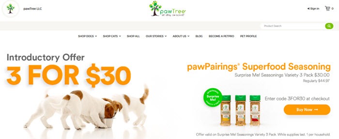 Website screenshot from pawTree showing three puppies eating out of a bowl along with various food seasonings