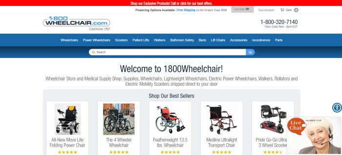 This screenshot of the home page for 1800Wheelchair.com has a red and white header, a blue navigation bar, and a white and gray background with a central section welcoming visitors and displaying small photos of a selection of bestselling wheelchair options.