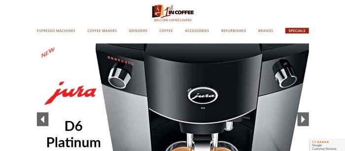 This screenshot of the home page for 1st in Coffee has a white background with black and red text introducing a jura coffee machine, along with a large photo of the machine.