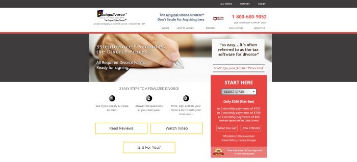 This screenshot of the home page for 3 Step Divorce has a white navigation bar and black text describing 3 easy steps to finalizing a divorce, along with a photo of someone's hand signing a paper and a red "start here" window containing payment information in white lettering.