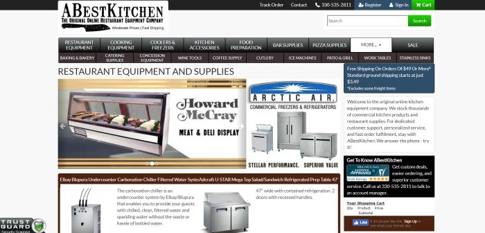 This screenshot of the home page of A Best Kitchen has a black and white header and navigation bar above a photo of a meat and deli display and an advertisement for commercial freezers and refrigerators. 